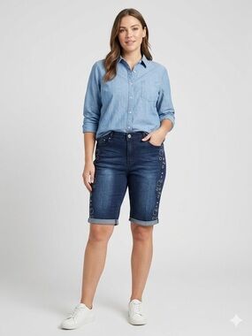 Embroidered Dark Wash Denim Bermuda Shorts - Blue